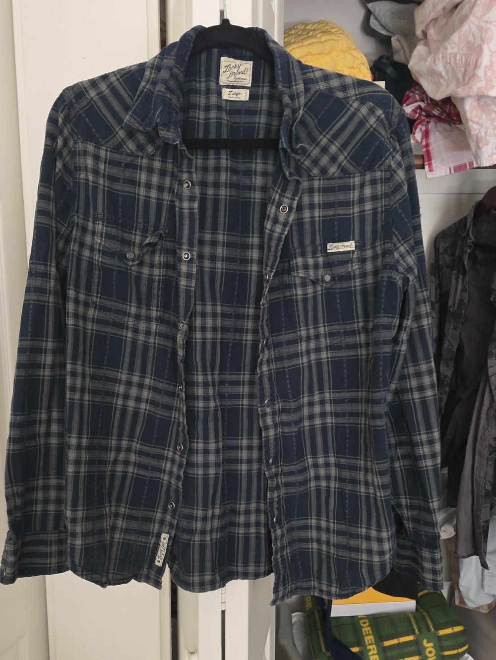 Lucky Brand Navy and Gray Plaid Button-Up Shirt